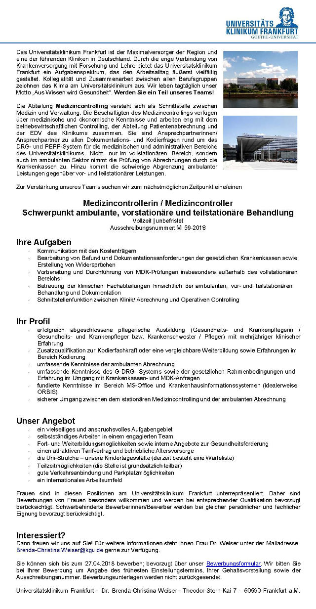 Universitätsklinikum Frankfurt am Main: Medizincontroller (m/w)