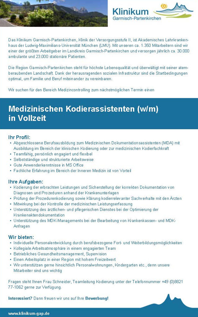 Klinikum Garmisch-Partenkirchen GmbH: Medizinischer Kodierassistent (w/m)