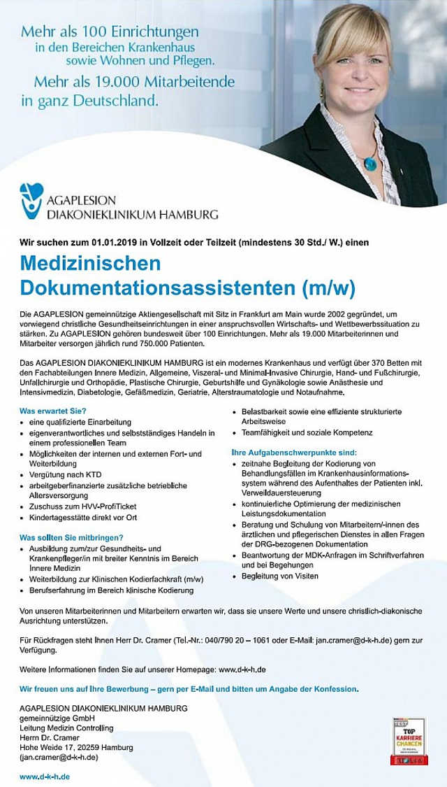 AGAPLESION Diakonieklinikum Hamburg: Medizinischer Dokumentationsassistent (m/w)