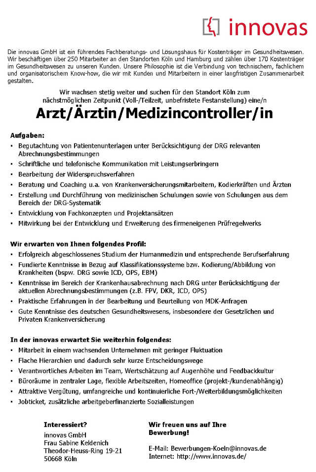 innovas GmbH, Köln: Arzt / Medizincontroller (m/w)