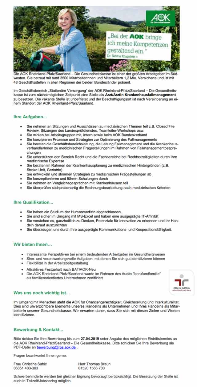 AOK Rheinland-Pfalz Saarland: Arzt / Ärztin Krankenhausfallmanagement (m/w/d)