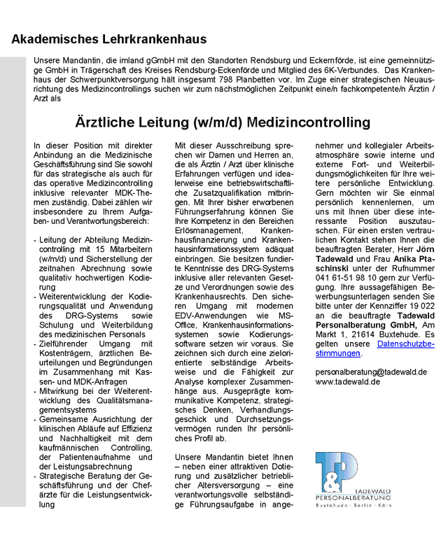 Tadewald Personalberatung GmbH: Ärztliche Leitung Medizincontrolling (w/m/d)