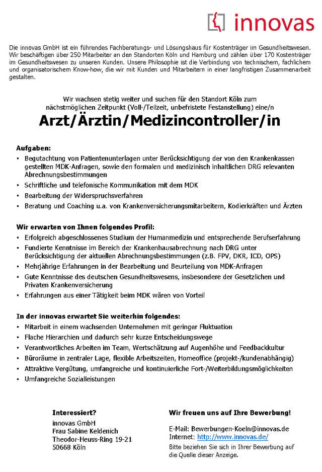innovas GmbH, Köln: Arzt / Medizincontroller MDK (m/w)