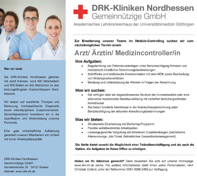 DRK-Kliniken Nordhessen gGmbH, Kassel: Arzt / Medizincontroller (m/w)