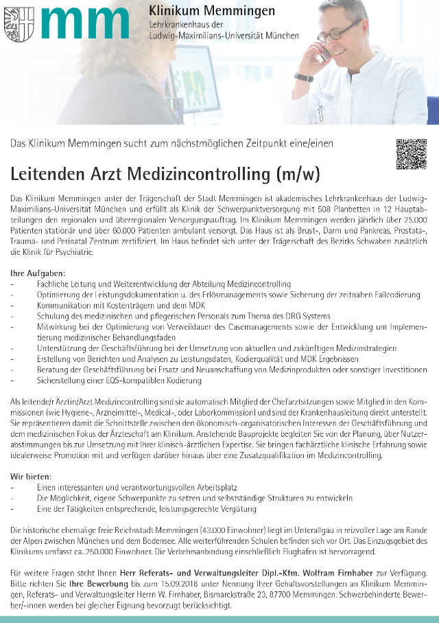 Klinikum Memmingen: Leitender Arzt Medizincontrolling (m/w)