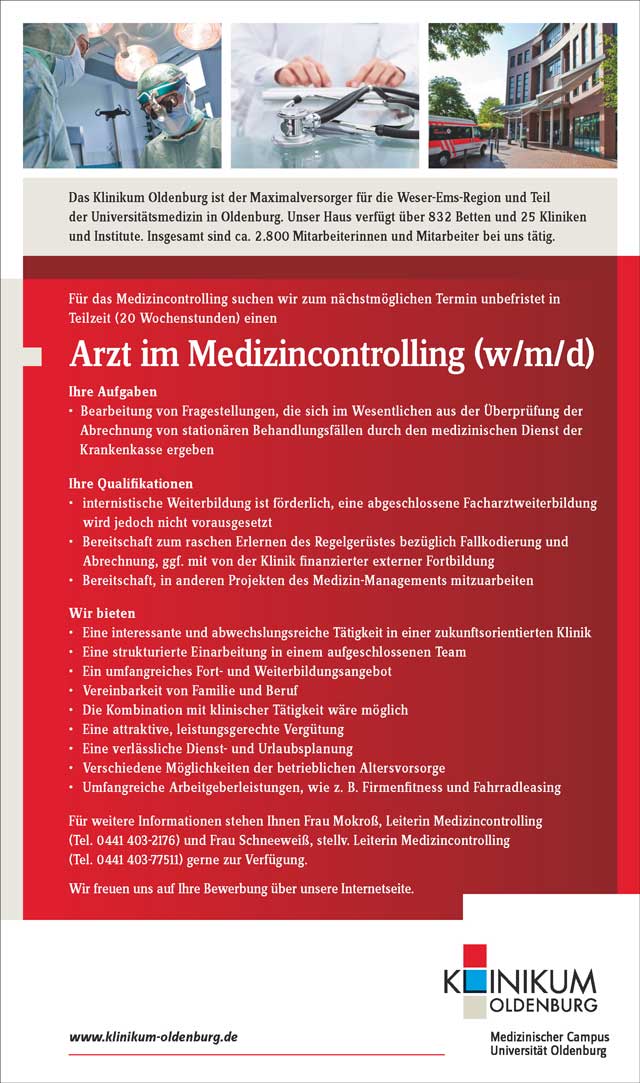 Klinikum Oldenburg: Arzt im Medizincontrolling (w/m/d)