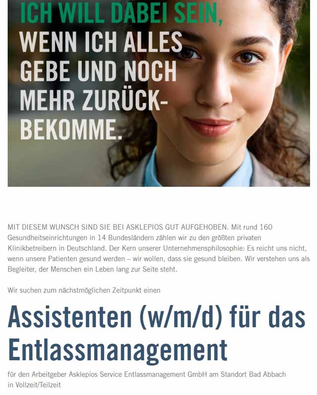 Asklepios Service Entlassmanagement GmbH Bad Abbach: Assistent f.d. Entlassmanagement (w/m/d)