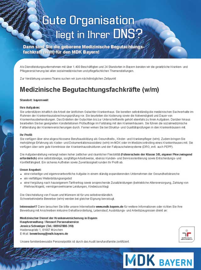 MDK Bayern, München: Medizinische Begutachtungsfachkräfte (w/m)