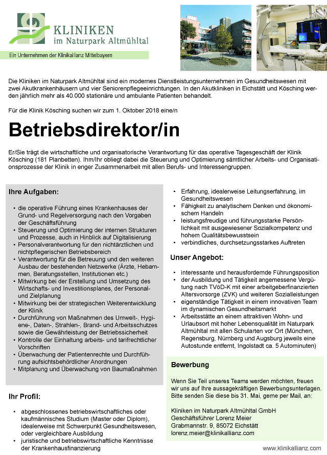 Kliniken im Naturpark Altmühltal GmbH: Betriebsdirektor (m/w)