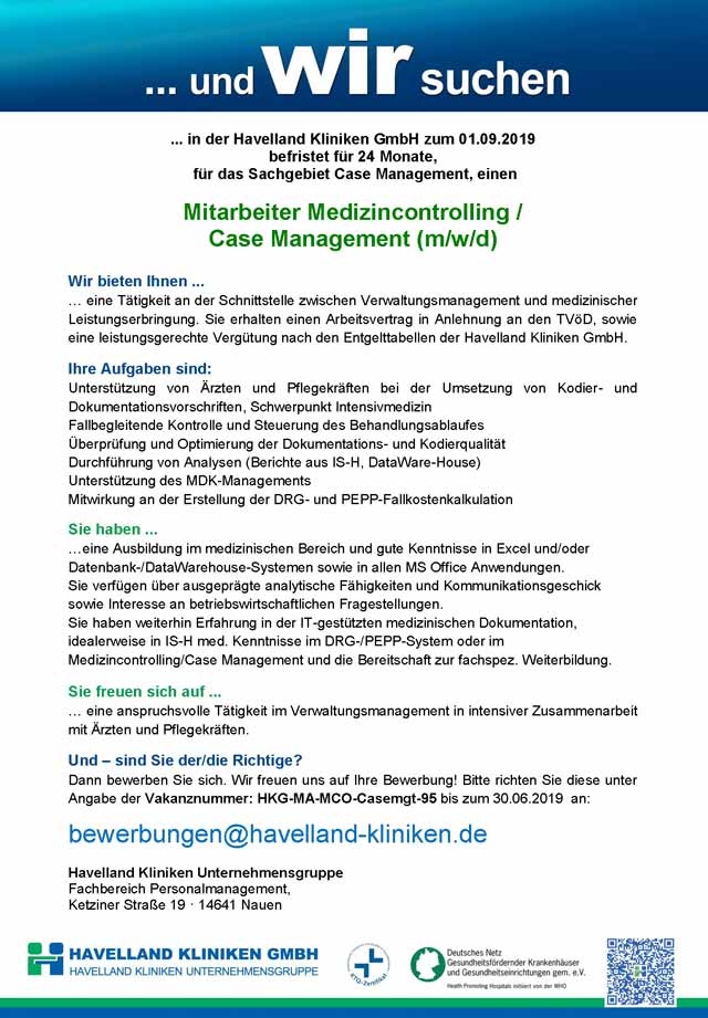 Havelland Kliniken Unternehmensgruppe: Mitarbeiter Medizincontrolling / Case Management (m/w/d)