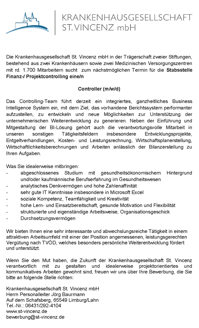 Krankenhausgesellschaft St. Vincenz mbH Limburg: Controller (m/w/d)