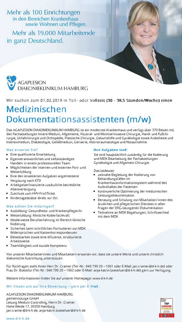 AGAPLESION Diakonieklinikum Hamburg: Medizinischer Dokumentationsassistent (m/w)