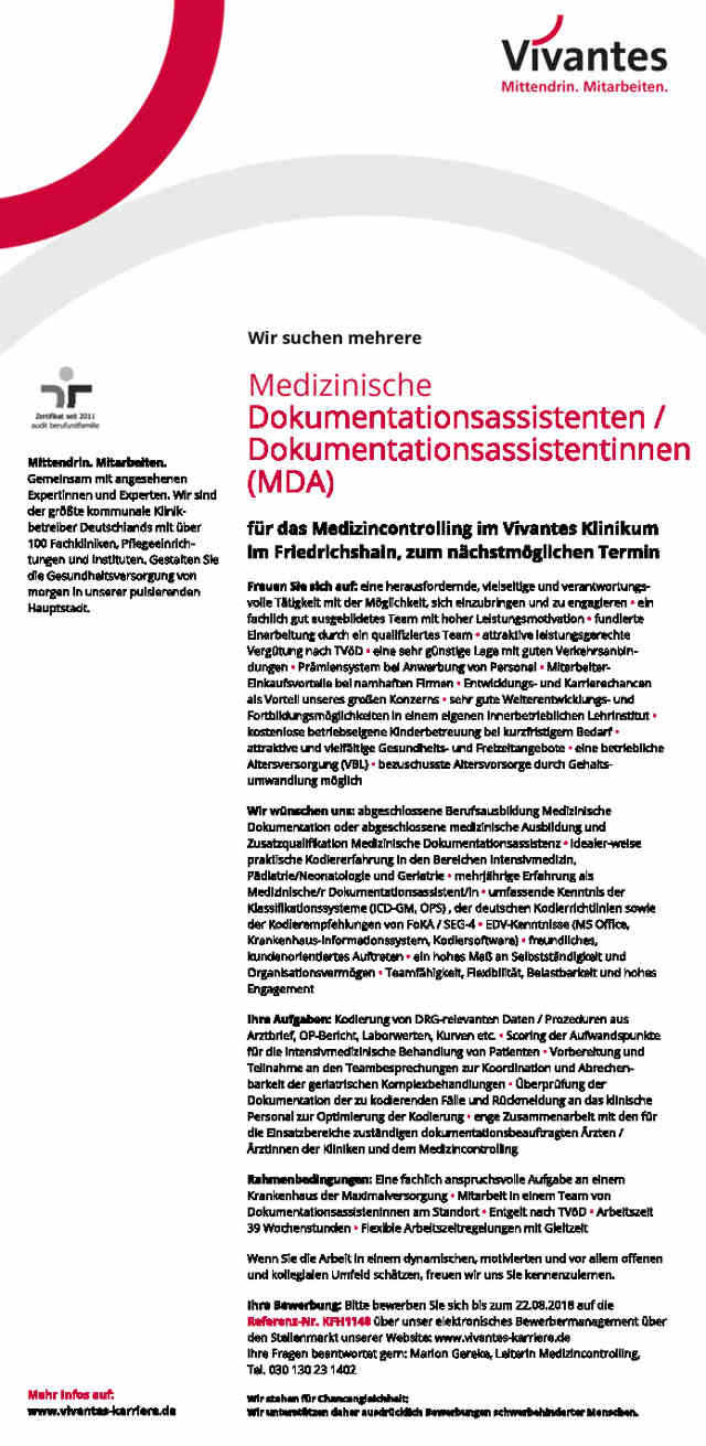 Vivantes Klinikum im Friedrichshain, Berlin: Medizinische Dokumentationsassistenten (w/m)