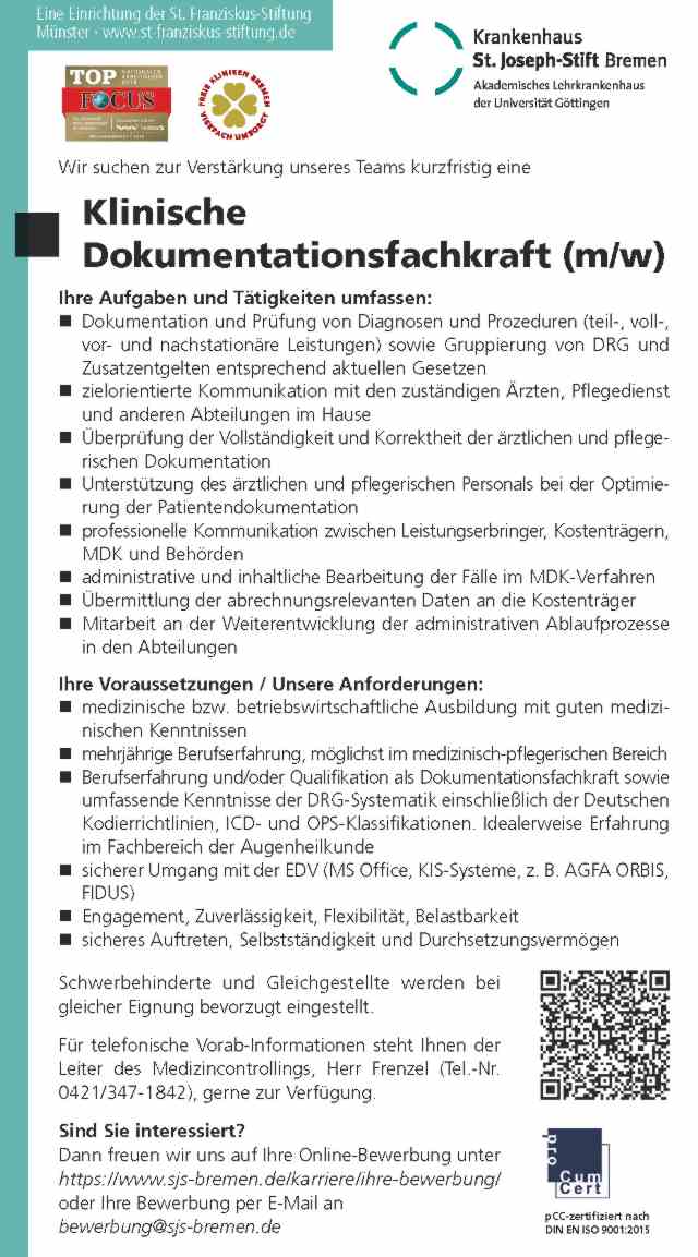 Krankenhaus St. Joseph-Stift Bremen: Klinische Dokumentationsfachkraft (m/w)