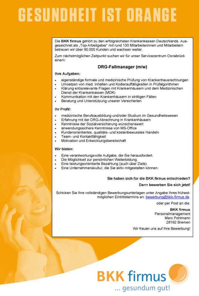 BKK firmus Osnabrück: DRG-Fallmanager (m/w)