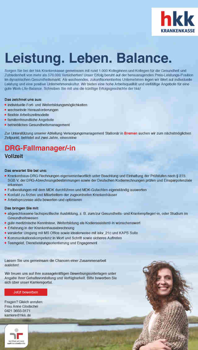 >HKK Krankenkasse Bremen: DRG-Fallmanager (m/w)