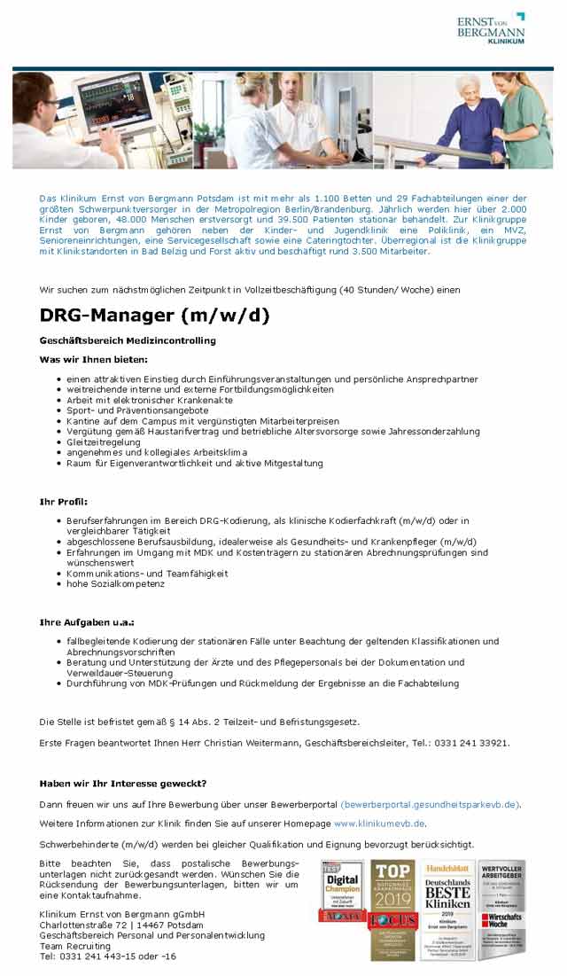 Klinikum Ernst von Bergmann gGmbH Potsdam: DRG-Manager (m/w/d)
