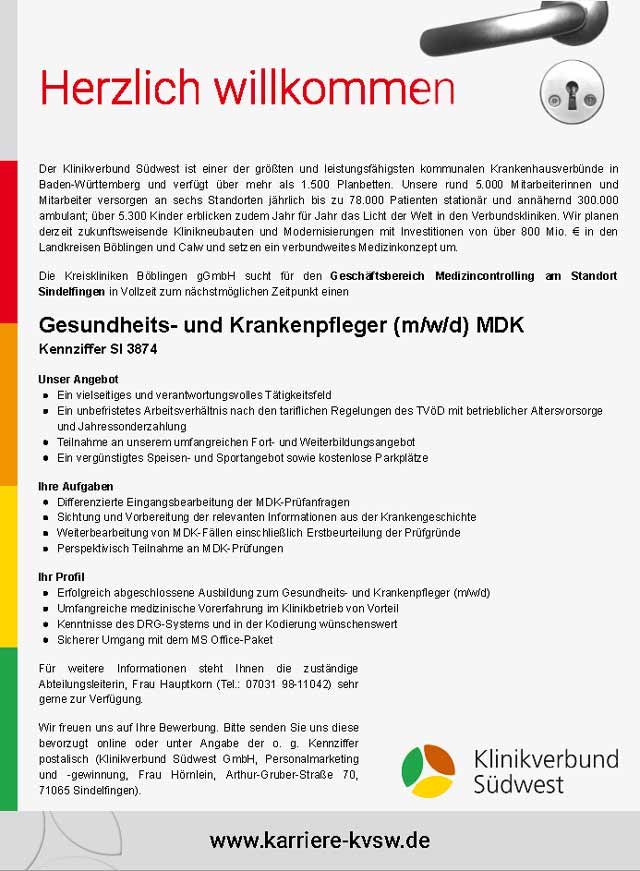 Kreiskliniken Böblingen gGmbH: Gesundheits- und Krankenpfleger MDK (m/w/d)