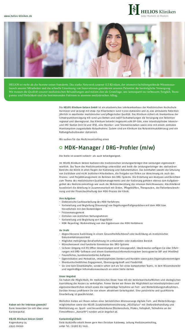 HELIOS Klinikum Uelzen GmbH: MDK-Manager / DRG-Profiler (m/w)