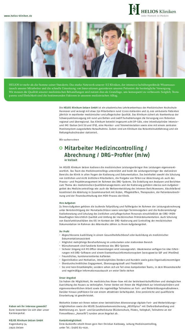 HELIOS Klinikum Uelzen GmbH: Mitarbeiter Medizincontrolling / Abrechnung / DRG-Profiler (m/w)