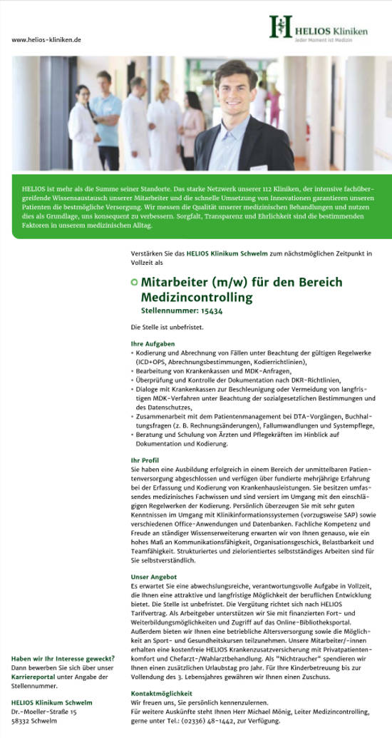 Helios Klinikum Schwelm: Mitarbeiter Medizincontrolling (m/w)