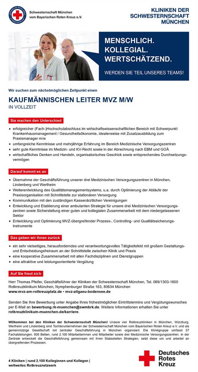 Rotkreuzklinikum München: Kaufmännische Leitung MVZ (m/w)