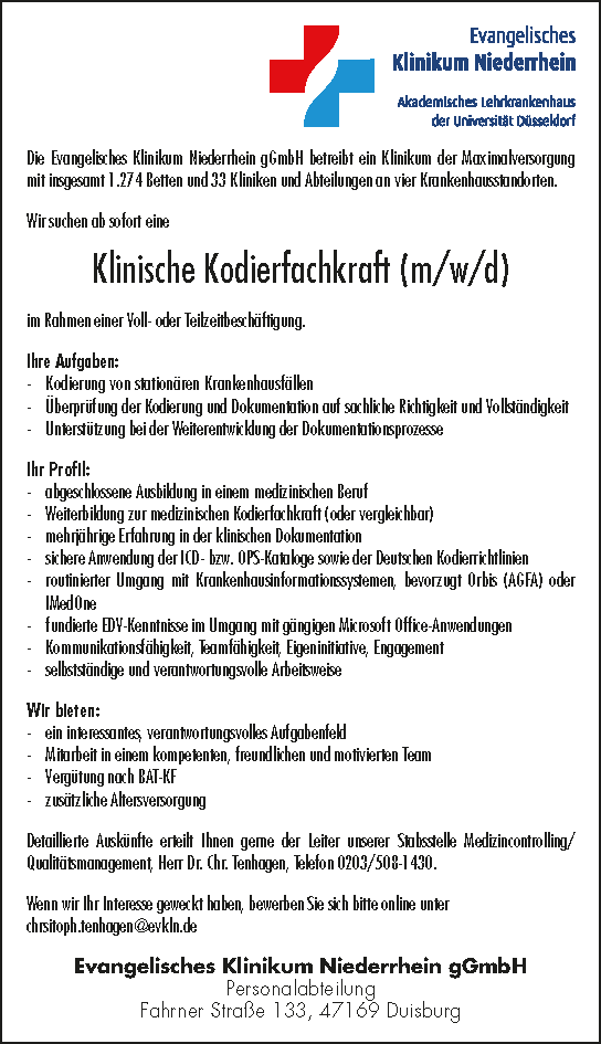 Evangelisches Klinikum Niederrhein gGmbH: Klinische Kodierfachkraft (m/w/d)