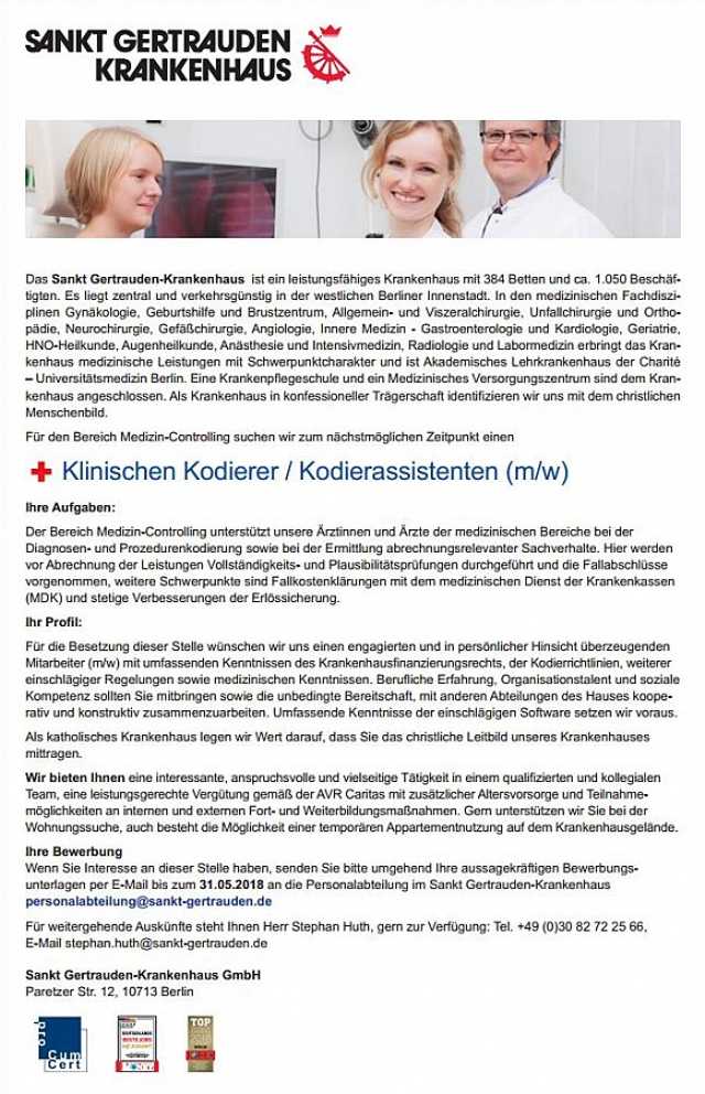 Sankt Gertrauden-Krankenhaus GmbH: Klinischer Kodierer / Kodierassistent (m/w)