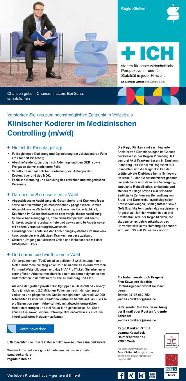 Regio Kliniken GmbH, Wedel: Klinischer Kodierer im Medizincontrolling (m/w/d)