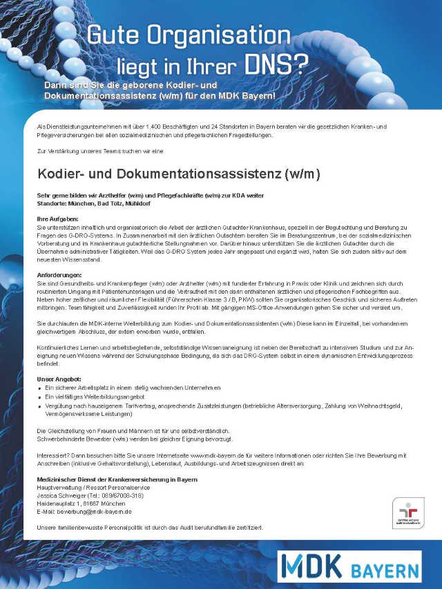Medizinischer Dienst der Krankenversicherung in Bayern: Kodier- und Dokumentationsassistenz (w/m)
