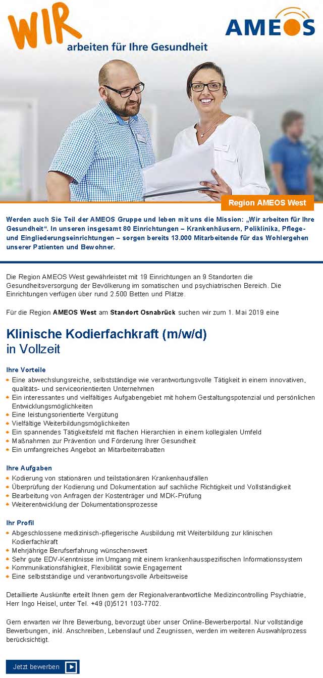 AMEOS Region West Osnabrück: Klinische Kodierfachkraft (m/w/d)