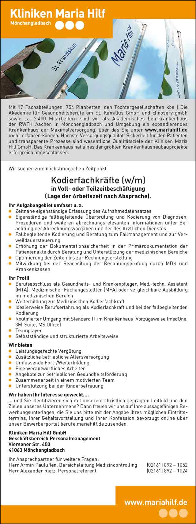Kliniken Maria Hilf GmbH Mönchengladbach: Kodierfachkräfte (w/m)