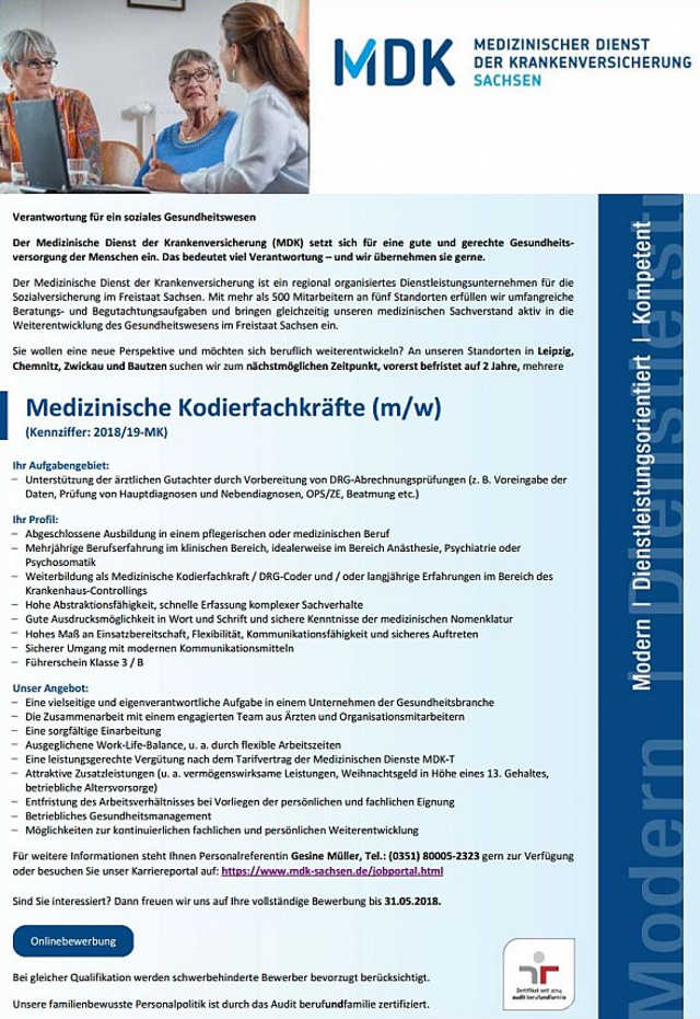 Medizinischer Dienst der Krankenversicherung im Freistaat Sachsen e. V., Dresden: Medizinische Kodierfachkräfte (m/w)