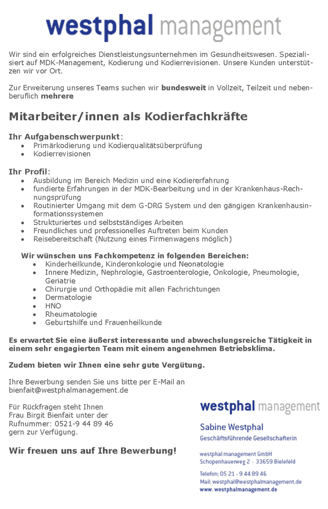 westphal management GmbH Bielefeld: Kodierfachkräfte (m/w)