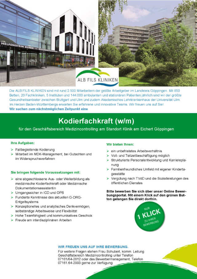 ALB FILS KLINIKEN GmbH, Göppingen: Kodierfachkraft (w/m)