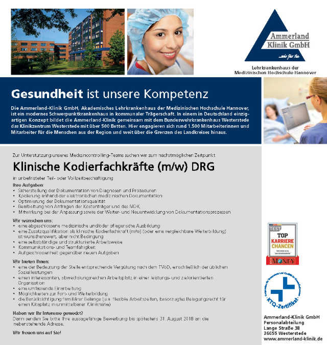 Ammerland-Klinik GmbH Westerstede: Klinische Kodierfachkräfte (m/w)