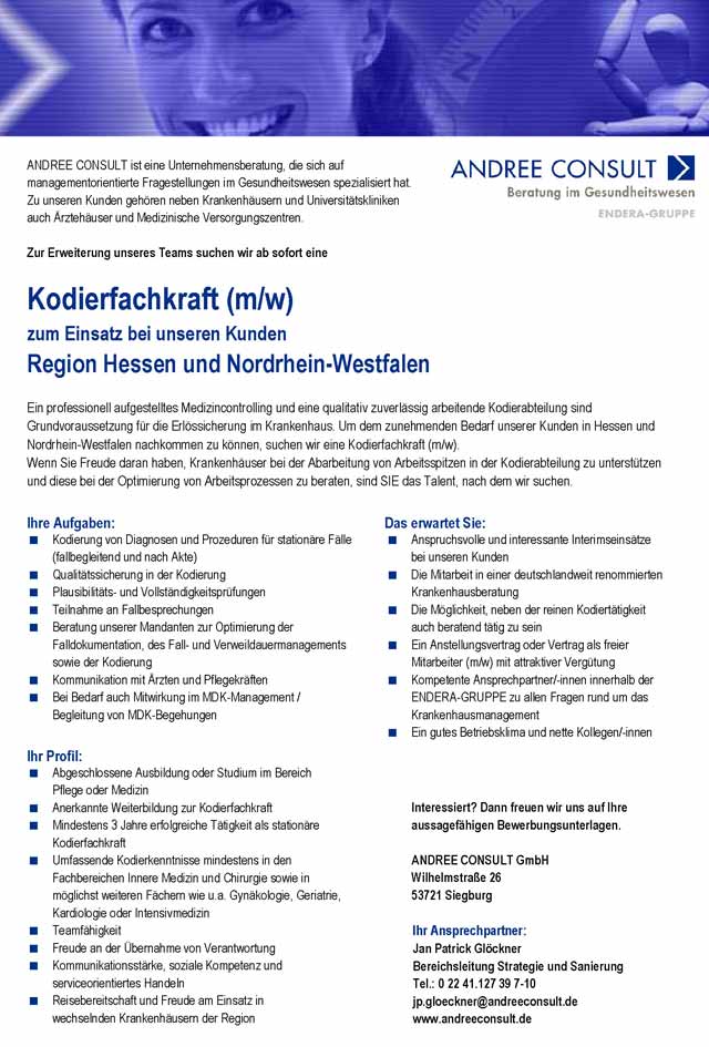 ANDREE CONSULT GmbH Siegburg: Kodierfachkraft (m/w/d)