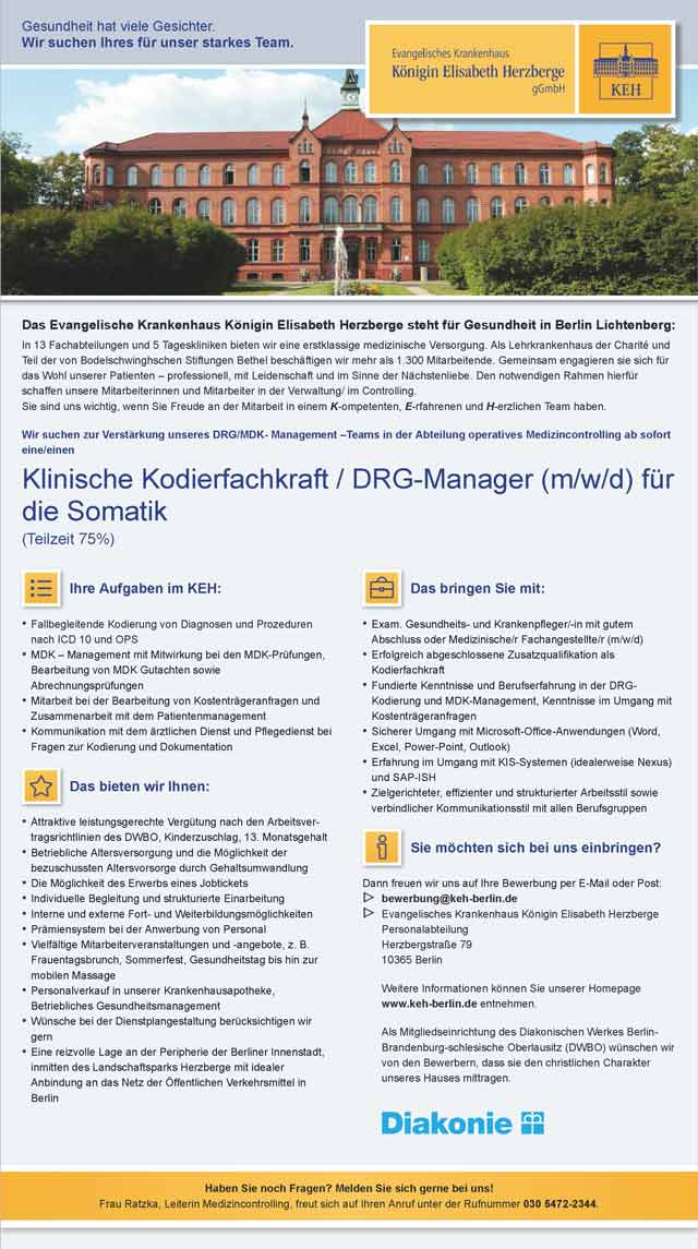 Evangelisches Krankenhaus Königin Elisabeth Herzberge Berlin: Klinische Kodierfachkraft / DRG-Manager (m/w/d)