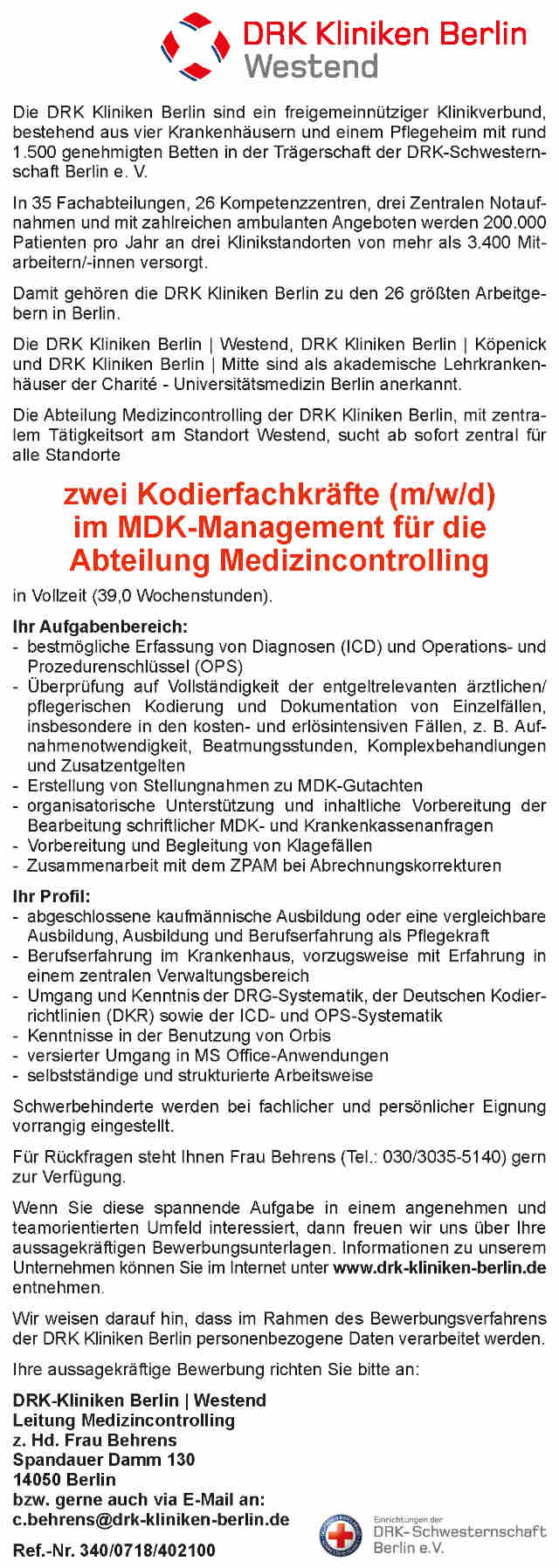 DRK Kliniken Berlin: Kodierfachkräfte (m/w/d)