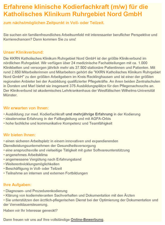 Katholisches Klinikum Ruhrgebiet Nord GmbH, Marl: Klinische Kodierfachkraft (m/w)