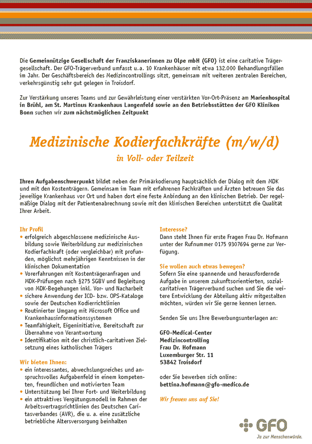 Gemeinnützige Gesellschaft der Franziskanerinnen zu Olpe mbH (GFO): Medizinische Kodierfachkräfte  (m/w/d)