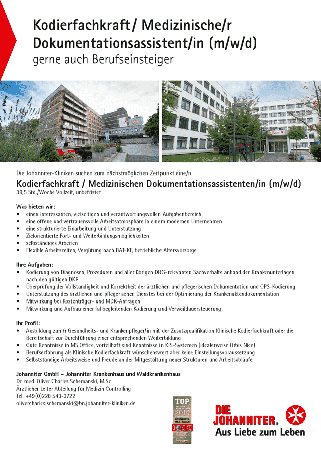 Johanniter Krankenhaus Bonn: Kodierfachkraft / Medizinischer Dokumentationsassistent (m/w/d)