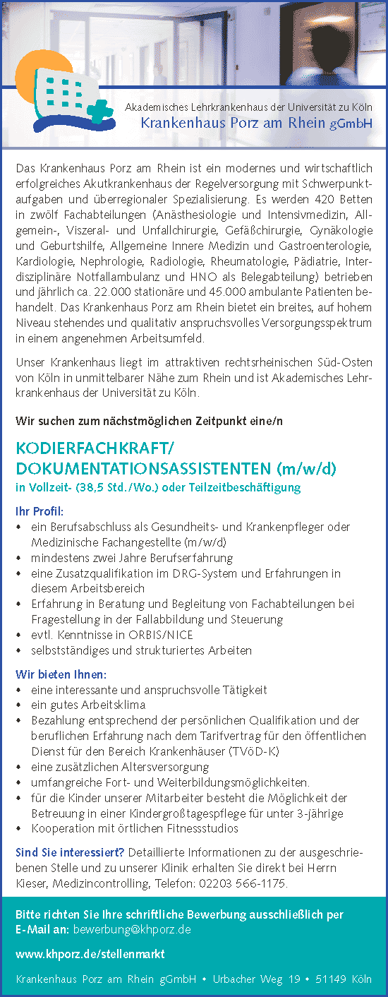 Krankenhaus Porz am Rhein: Kodierfachkraft / Dokumentationsassistent (m/w/d)