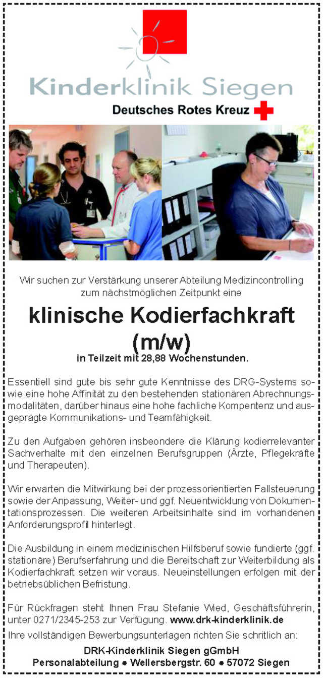 DRK-Kinderklinik Siegen gGmbH: Klinische Kodierfachkraft (m/w)