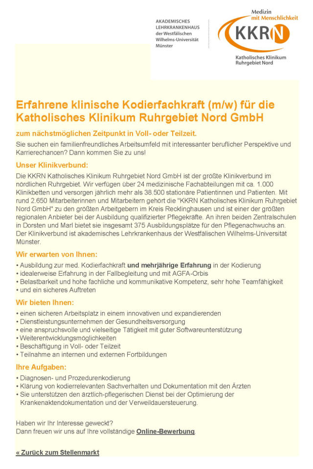 Katholisches Klinikum Ruhrgebiet Nord GmbH, Marl: klinische Kodierfachkraft (m/w)