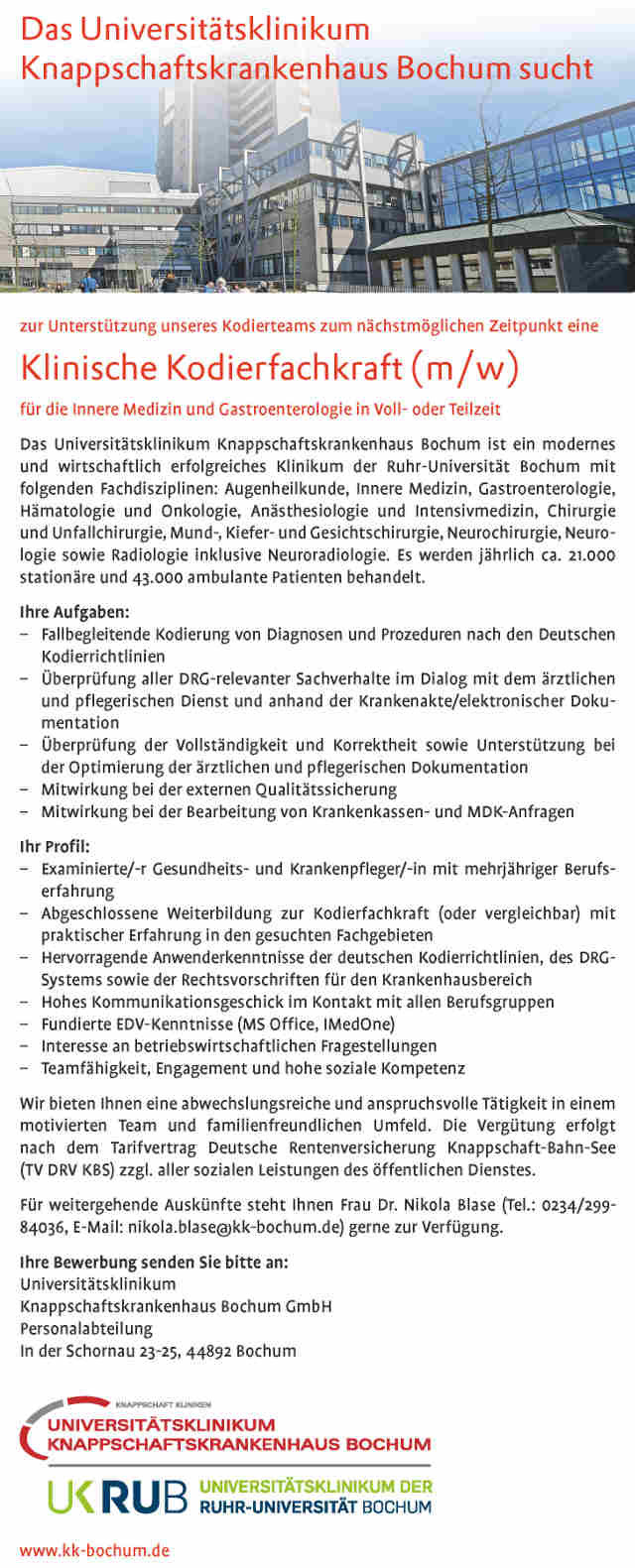 >Universitätsklinikum Knappschaftskrankenhaus Bochum: Klinische Kodierfachkraft (m/w)