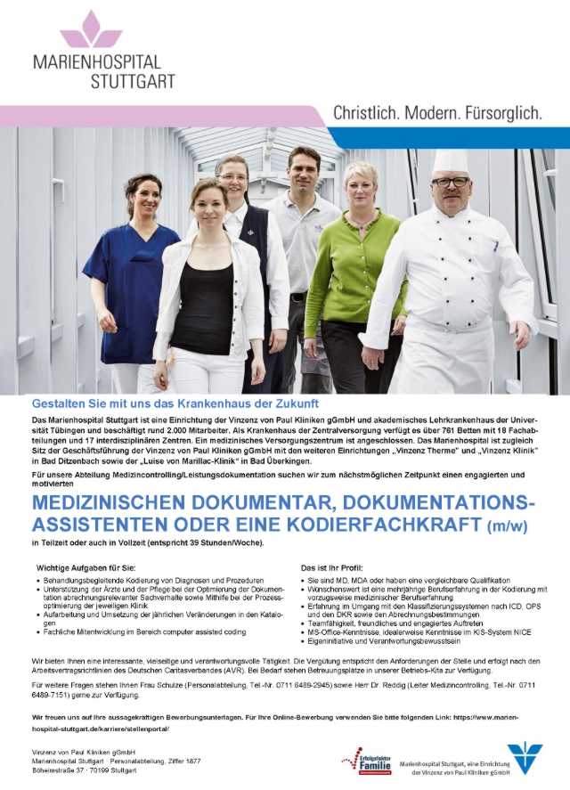 Marienhospital Stuttgart: Medizinischer Dokumentar, Dokumentationsassistent, Kodierfachkraft (m/w)