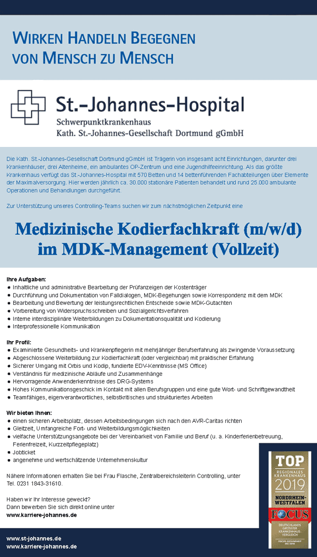 St.-Johannes-Hospital Dortmund: Medizinische Kodierfachkraft (m/w/d)