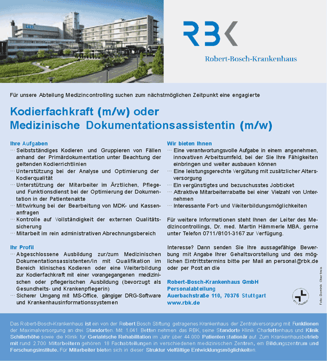 Robert-Bosch-Krankenhaus GmbH: Kodierfachkraft / Med. Dokumentationsassistent (m/w)