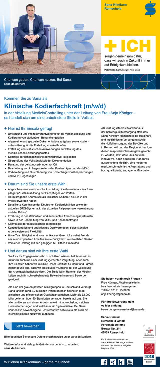 Sana-Klinikum Remscheid GmbH: Klinische Kodierfachkraft (m/w/d)